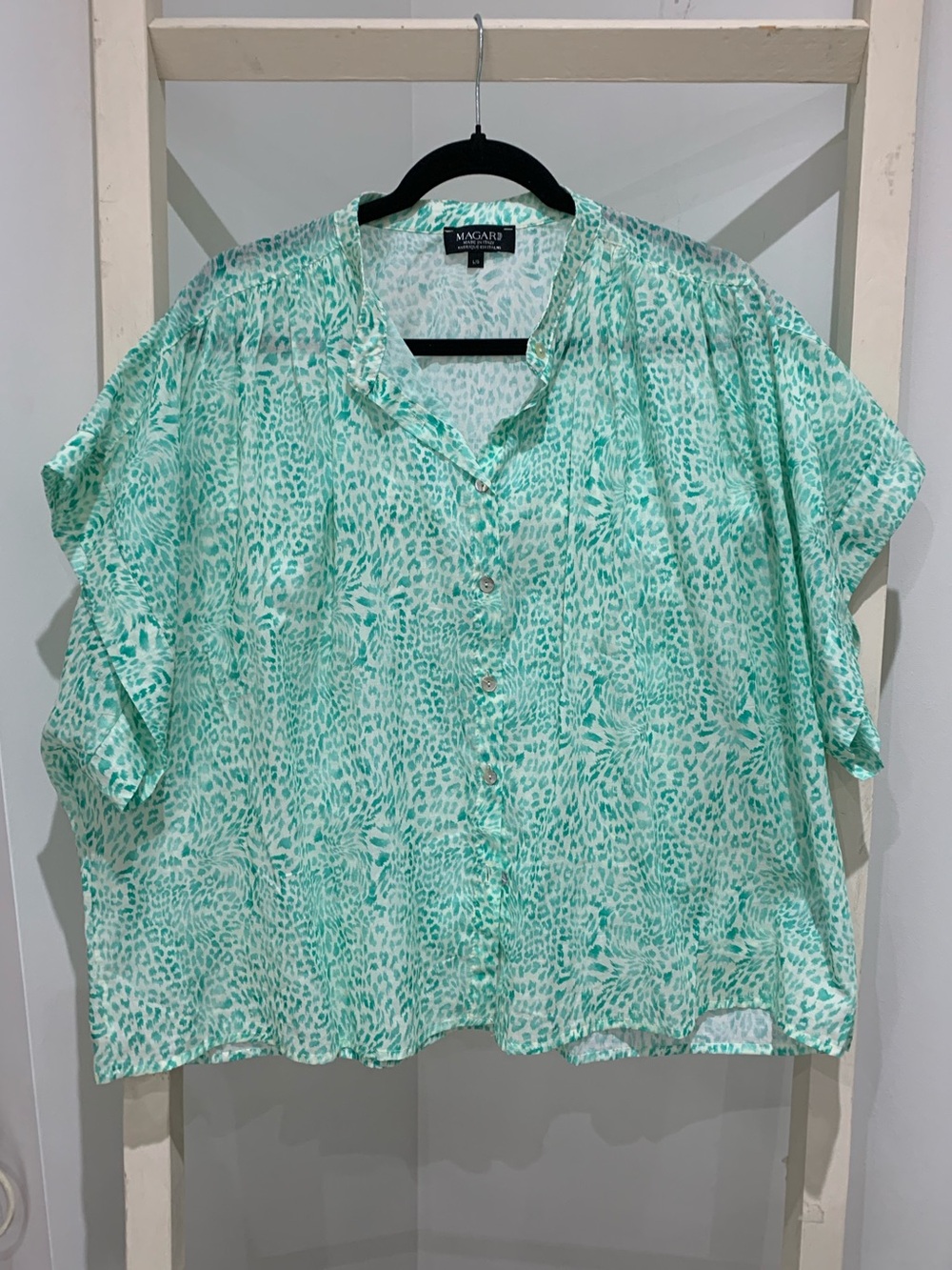 Magari Made in Italy Mint Green Abstract Animal Print Button Down Blouse